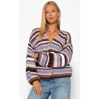 SASSYCLASSY Cardigan Gestreifte Strickjacke für Damen Mehrfarbig Multicolor Cardigan mit Streifen Bunt Blau Rosa Grau Braun Orange