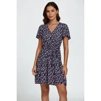 FS Collection Wickelkleid Damen Minikleid Sommerkleid Blumenkleid Freizeitkleid V-Ausschnitt (XS (EU:36 / UK:8) · S (EU:38 / UK:10) · M (EU:40 / UK:12) · L (EU:42 / UK:14) · XL (EU:44 / UK:16), 2 Farben: Blau und Marineblau) Wickeloptik, Taillengürte