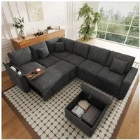 Merax Ecksofa mit Schlaffunktion, ausziehbares Schlafsofa für 7–8 Personen, XXL L-Form Sofa, Chenille, 261×203×88cm 1 Teile, Sofa mit LED-Leselampe,USB/Type-C,Stauraum,Klapptisch,Getränkehalter