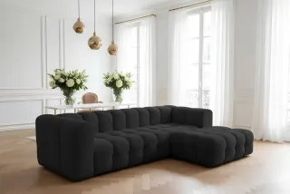 Ecksofa Designersofa SOLVIE in Stoff Tiffani Schwarz Ottomane Rechts