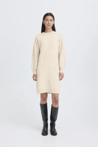 ICHI - Midi-Strickkleid mit Ballonärmeln beige - Gr. - L