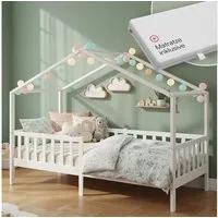Bellabino Kinderbett Bia mit Rausfallschutz & Lattenrost (weiß, mit Matratze), Kinderbett aus Kiefernholz, verfügbar in 80x160/90/120/140x200 cm