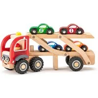 Woodyland Spielzeug-Auto 90790 Holz-Truck und 2 stöckiger Anhänger mit 4 farbigen Fahrzeugen, Holz Transporter mit Anhänger und 4 Fahrzeugen