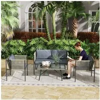 Outsunny Sitzgruppe mit 2er Sofa, Sessel, Glastisch, Kissen, (Gartenmöbel-Set aus Polyrattan, 4-tlg., wetterfest Lounge-Set), für 4 Personen, für Garten, Balkon, Grau