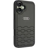 Audi Handyhülle iPhone 16 Plus Kunstleder schwarz Logo Metall 6,7 Zoll, Kantenschutz