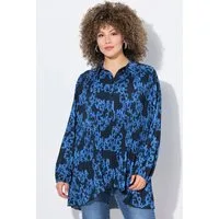 Ulla Popken Longbluse Plissee-Bluse Schriftmuster A-Linie Hemdkragen