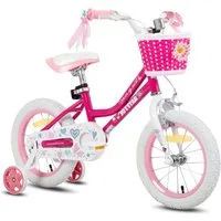 JOYSTAR Kinderfahrrad 12 14 16 18 Zoll Mädchenfahrrad, 3 - 9 Jahre,Geschenk für Prinzessin, 1 Gang, Mit Hilfsrädern, farbigen Bändern, Korb, Reflektor, Kettenabdeckung
