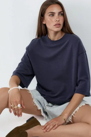 Oversized gerippte Cropped-Bluse mit Rundhalsausschnitt