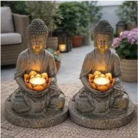 GLOBO LIGHTING LED Dekofigur, LED-Leuchtmittel fest verbaut, 2er Set LED Solarlampe Gartendeko Blumenbeet Buddha grau