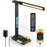Toomoke LED Schreibtischlampe LED fest integriert,LED Tischlampe Dimmbar,3 Lichtfarben & dimmbar, kabelloses Laden, USB-Ladefunktion, 3 Farbtemperaturmodi und 5 Helligkeitsstufen, Temperatur-, Alarm- & Kalenderfunktion