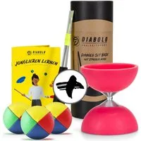 Diabolo Freizeitsport Diabolo Pinkes & Blau mit Alusticks, Schnur & Anleitung, (Jonglage Komplettset mit Bällen & Diabolo Geschenkbox, 3-tlg), Jonglierbälle Set für Kinder & Anfänger 3er Premium (pink)
