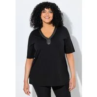 Ulla Popken T-Shirt T-Shirt A-Linie verzierter V-Ausschnitt Halbarm