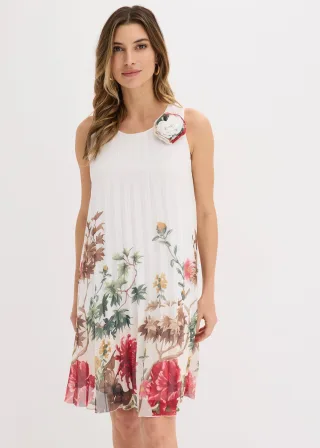 bonprix Minikleid, weiß, Gr.48, Feminines A-Linien-Kleid mit Mini-Länge mit Plisseé und Blumen-Applikation