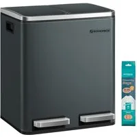 SONGMICS Mülleimer 2 Fächer, Mülltrennsystem, Treteimer, Abfalleimer Küche, 15 Müllsäcke, 2 x 15 L, Inneneimer aus Kunststoff, Klappdeckel, Softclose, luftdicht