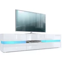 Vladon Lowboard Flow (TV-Kommode mit Ambient Light Verglasung, mit 2 Türen, 1 Schublade und 1 Klappe), Weiß matt/Weiß Hochglanz, inkl. LED-Beleuchtung (177 x 45 x 39 cm)