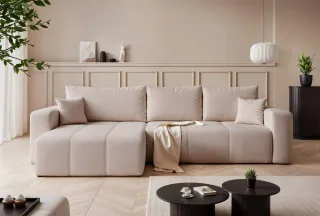 Ecksofa Schlafsofa Sofa LEROS XL in Stoff Manila Beige Ottomane Links