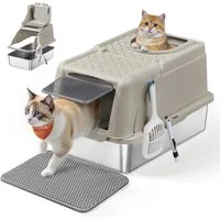 FEANDREA Katzentoilette Edelstahl, XL, mit Deckel, 2 Eingängen, für Katzen bis 15 kg