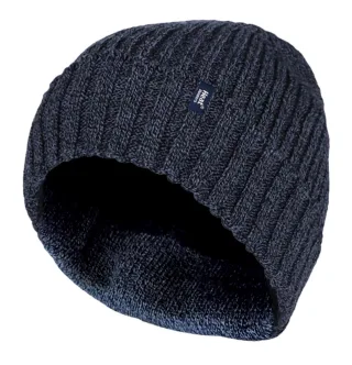 Heat Holders - Mens Ribbed Knit Fleece gefüttert isoliert warm Turn Over Cuff Thermal Winter Beanie Hat - Navy