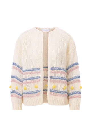 Rich & Royal - Multicoloured stripe cardigan with pompoms pearl white - Gr. - XS