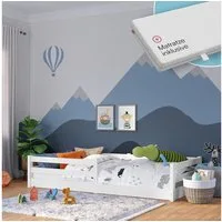 Bellabino Kinderbett Iskri mit Rausfallschutz und Lattenrost (weiß, mit Matratze), Bodenbett verfügbar in 90/120/140x200