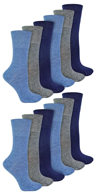 IOMI - 12 Paar Multipack Damen Diabetiker Bambus Socken | Damen Extra breite nahtlose Socken mit nicht elastischen sanften Grip Top - Blau