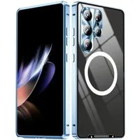 Wigento Handyhülle Für Samsung Galaxy S25 Ultra Magnetische Magsafe Metall Hülle Blau, MagSafe Metall Handyhülle mit erhöhter Schutzkante