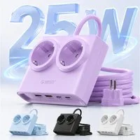 ORICO Steckdose 25W/15W GaN Mehrfachsteckdose 6-in-1 Steckdosenleiste,2AC+2USB +2CPD, flacher 1,3 cm Stecke, 1-St., 1,6 m Kabel, 2500 W., für Haushalt & Büro