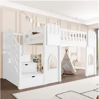 Flieks Etagenbett, Hochbett Fenster-Design 90x200cm mit Rausfallschutz und Stauraumtreppe