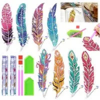 BlingBin Lesezeichen DIY Diamond Painting Lesezeichen Bastelset Kinder, 8 Stück Federmotiv, Basteln ab 6 Jahren, Geschenk für Mädchen, Kindergeburtstag