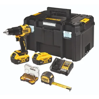 DEWALT 18 V / 5Ah Akku-Schlagbohrschrauber, inkl. 2 Akkus, System-Schnellladegerät, Bandmaß, Speed Square-Anschlagwinkel und Bit-Set - DCZ100P2KT-QW