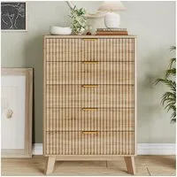 FUROKOY Kommode mit 5 Schubladen Holz Schrank, Sideboard mit Metallgriff,Wellenstruktur vorne,Naturholzfarbe