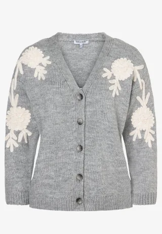 MORE & MORE - Strickjacke mit Blüten-Stick grau - Gr. - 42