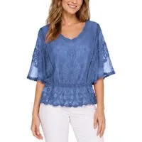 dy_mode Spitzenbluse Damen Sommerbluse mit Spitze Kurzarm Oberteil Einfarbig Transparent in Unifarbe, transparenten Ärmel