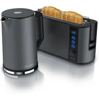 Arendo Frühstücks-Set Edelstahl Wasserkocher 1,5l, 2-Scheiben Langschlitz Toaster, Cool Grey (2-tlg), Wasserkocher mit Temperaturwahl, Toaster mit Brötchenaufsatz