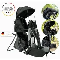 FASports Rückentrage Lil' Boss Kinderkraxe, Kindertrage (schwarz-grau, 1-tlg., Kinderrückentrage), Babytrage, 5-Punkt-Sicherungsgurt, Regen- und Sonnendach, Taschen
