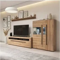 Lomadox Wohnwand TURDA-83, (3-St., Couchtisch Highboard Lowboard Sideboard Vitrine Wandregal), Eiche braun Metallgriffe Softclose-Türen inkl. Beleuchtung