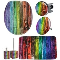 Sanilo Badaccessoire-Set 6-teilig Rainbow, WC-Sitz mit Absenkautomatik, Badteppich 70 x 110 cm, Waschbeckenstöpsel, Badewannenstöpsel, Seifenspender, WC-Bürste, 6 tlg., hochwertig & modern, universell, leichte Montage