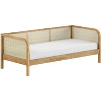Vipack Bett Olive, mit Eiche massiven Bettpfosten, Bettseiten furniert (B/H/T ca. 210x75x96,6cm, Auf. Natur, zeitloses Design), 90/200 inkl. Lattenrost und trendigen Rattan Kopf- u. Seitenteilen