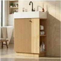 Merax Waschtisch mit Waschbecken, Badmöbel freistehend, geriffelte Holzoptik (55×32×87cm, 1-St., Unterschrank ohne Wasserhahn), Badzimmerschrank mit Soft-Close Tür, Stauraum & Toilettenpapierhalter
