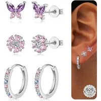 LuxusKollektion Ohrring-Set 3 Paar Ohrringe Set Silber Gold Ohrstecker Creolen 925 Pfosten