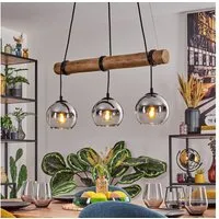 hofstein Pendelleuchte Hängelampe aus Metall/Holz/Glas in Schwarz/Natur/Chrom/Rauch/Klar, ohne Leuchtmittel, Hängeleuchte im Boho-Design mit Glasschirmen und Holzbalken, 3 x E27
