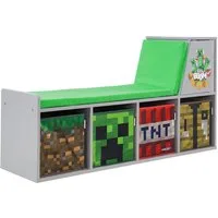 Minecraft Sitzbank mit Sitzkissen und Lehne - mit 4 Stauraumkisten, aus stabilem Holz - praktische Sitzbank zum Lesen - Grau