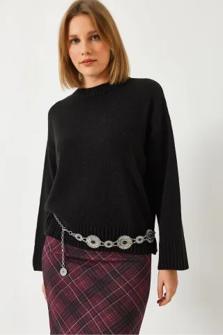 Lässiger Fit Rundhalsausschnitt Rippstrickpullover