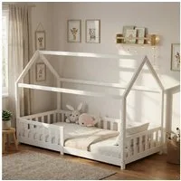 ecoMI Kinderbett Hausbett, Rausfallschutz, Lattenrost, 90x200 & 80x160, Weiß & Natur, Hausbett, Rausfallschutz, Lattenrost, 90x200 & 80x160, Weiß & Natur