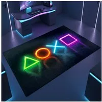 TeppichHome24 Teppich Gaming Teppich mit neonfarbigen Symbolen, rechteckig, pflegeleicht, gleichmäßige Oberfläche, für Fußbodenheizung geeignet