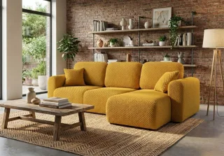 Ecksofa mit Schlaffunktion BRUSK Sofa in Stoff Pop Honiggelb Ottomane Rechts