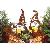 LB H&F Lilienburg Gartenstecker 2er SET Zwerg Wichtel Gartendeko Gartendekoration Gartenfigur (Rost Deko Metall Frühlingsdeko Herbstdeko Dekostecker Gartenzwerg Zwerg Dekofigur, Gartenstecker Zwerge Gnom Beetstecker Ostern Frühling Herbst Winter) Dek