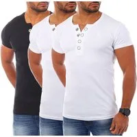 Young & Rich T-Shirt Herren basic fein gerippt mit trendigen extra großen Knöpfen 1872 mit Knopfleiste unifarben kurzarm slim fit