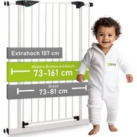 BOMI Türschutzgitter Kinderschutzgitter extra hoch, ohne Bohren, Mira 73-161 cm (Hundegitter & Kindergitter klemmbar, weiß, Metall), Treppenschutzgitter mit 90°-Festellfunktion & 2-Wege-Öffnung