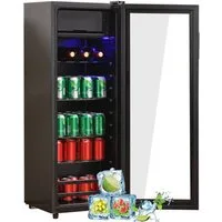 Merax Table Top Kühlschrank 128L mit Gefrierfach, Glastür, LED-Beleuchtung, verstellebare Ablage, Getränkekühlschrank SC-128P, 110 cm hoch, 40 cm breit, Mini Kühlschrank, Kühl- und Gefrierfunktion, freistehend